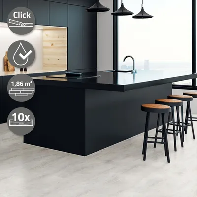Immagine prodotto di Pavimento vinilico click ML-Design, rivestimento per pavimenti in PVC con sistema a click, classe di resistenza 34, vinile effetto cemento, dimensioni 61x30,5 cm, 1,86 m²/10 pannelli, colore grigio cemento chiaro