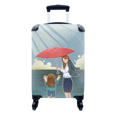 Produktbild von MuchoWow® Koffer Handgepäck Trolley Rollkoffer Kleine Reisekoffer mit 4 Rollen - Muttertag Illustration von Tochter und Mutter mit Regenschirm im Regen - Cabin Size < 55x40x23 cm & 55x40x20 cm - Fotokoffer - Kabinenkoffer - Boardgepäck - Reise-Box - Reisekoffer - Reisegepäck - Koffer mit Bild - Trolley für Kinder