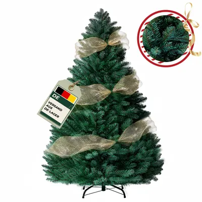 Productafbeelding van COMHOMA Kunstkerstboom, kerstdecoratie, 195 cm, PVC-materiaal met 910 takjes, verstevigde takken, opvouwbaar, met decoratieve strikken en een wenskaart