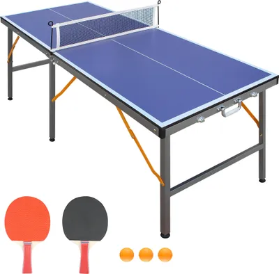 Produktbild von Tischtennisplatte klappbar, Netz & Schläger im Set, blau, 6 Beine stabil, für drinnen & draußen, Kinder & Erwachsene