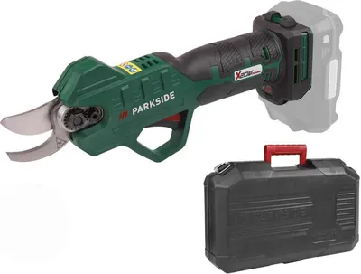 A cordless pruning shear with its case, presented against a white background.