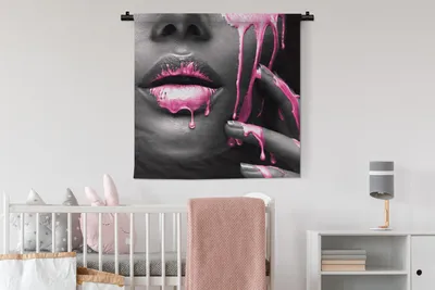 Produktbild von MuchoWow® Wandteppich Wandbehang Lippen - Rosa - Schwarz 90x90 cm Tapisserie Dekoration Wandtuch - Wandaufhänger