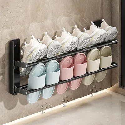 Image de Étagère murale pour chaussures, 2 niveaux, extensible de 37 à 67 cm, en métal, de couleur noire