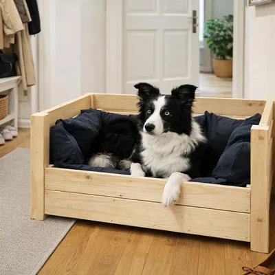 Produktbild von Hundebett aus Massivholz 90x57x45 cm – Braun, Natur oder Geflammt – Optional mit Kissen – Selbstmontage Natur inkl. Kissen