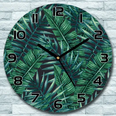 Produktbild von Wanduhr aus Glas Rund fi 30 Palmblätter grün Quarz Deko Schlafzimmer Büro