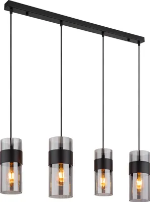 A black linear pendant light with four glass shades and exposed bulbs, shown against a white background.