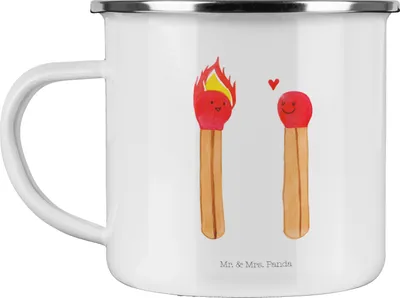 Produktbild von Mr. & Mrs. Panda Teetasse Streichhölzer - Weiß - Geschenk, Liebesgeschenk, Campingbecher, Pott, Kaffeepott, Emaille Tasse, Freundin, Liebesbeweis, Becher