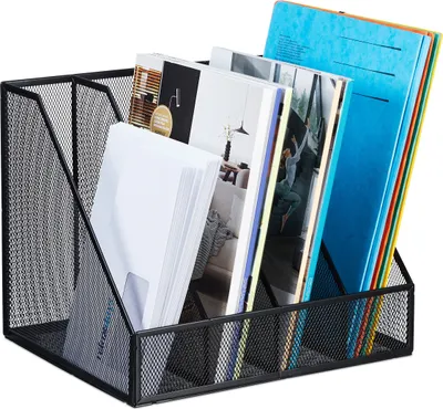 Immagine prodotto di Portariviste Relaxdays, formato A4, 4 scomparti, design a rete, dimensioni: 26 x 31 x 26 cm, per ufficio e home office, portadocumenti da tavolo, metallo, nero