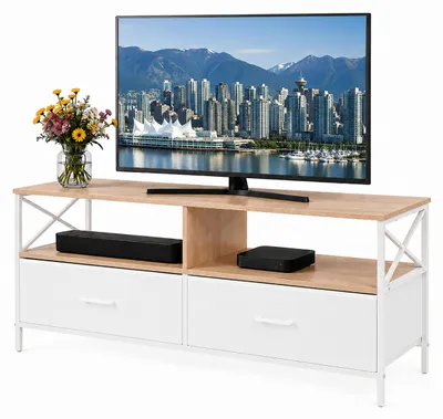 Immagine prodotto di Relaxdays, mobile TV, altezza x larghezza x profondità: 50 x 120 x 40 cm, 2 cassetti e ripiani, MDF, metallo, tessuto, tavolino TV, colore naturale/bianco, Immagine generata dall'IA