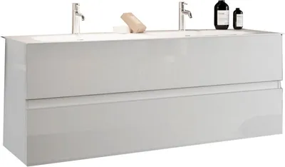Image de Meuble de salle de bain suspendu avec deux vasques et 2 tiroirs, collection VIENNE. Coloris blanc brillant