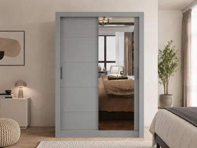 Produktbild von Kleiderschrank OLYO 150 cm Grau mit Spiegel – Schwebetürenschrank mit Regalböden und Kleiderstangen