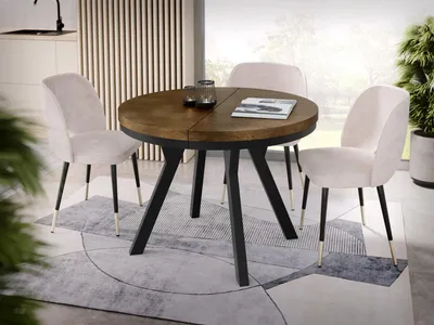 Produktbild von Designer Runder Ausziehbarer Esstisch - Loft-Stil, Industriell, Platzsparend - Schwarze Beine - 100 bis 200 cm - für 5-10 Personen - Hergestellt in EU - Lefkas Eiche - 200 cm