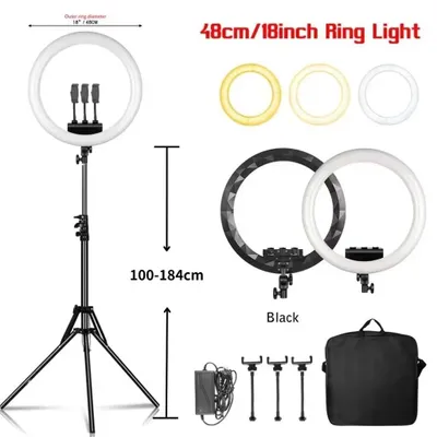 Productafbeelding van LED-ringlamp 46 cm - Selfie-lamp met statief - Afstandsbediening - Geschikt voor smartphone, video en fotografie - Statief van 184 cm - Zwart