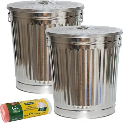 Produktbild von Jinfa 2er-Set Retrodesign Mülleimer mit Griffen und Deckel + 30 Müllbeutel | Zink| 62L