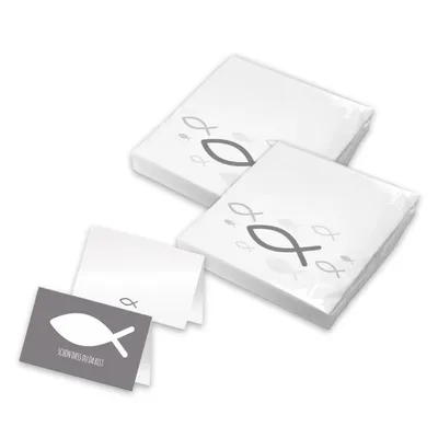 Produktbild von itenga 40x Servietten mit 48x Tischkarten Set - Fisch - Weiß Grau