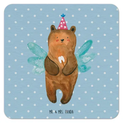 Produktbild von Mr. & Mrs. Panda Tischuntersetzer Bär Zahnfee 50er Set - Blau Pastell - Geschenk, Tassenuntersetzer, gläseruntersetzer, Bierdeckel, Bierfilzl, Erster Zahn, Teddy, Fee