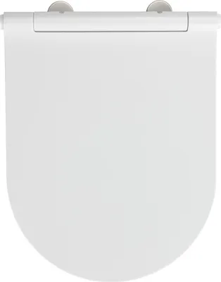 A top-down view of a white toilet seat.
