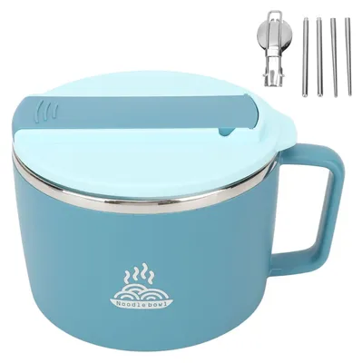 Nudelschüssel-Set 1200 ml, Edelstahl, mit Deckel & Essstäbchen, Blau