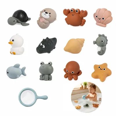Produktbild von 12er Set Baby-Badewannenspielzeug, Ozean-Tiere, schimmelresistent, weich, schwimmend, drückbar, für Dusche, Pool und Strand, ab 6–12 Monaten