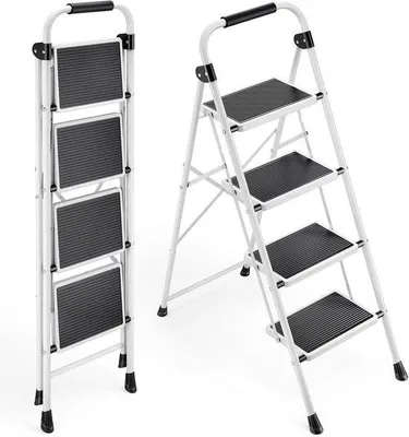 Imagen del producto de Escalera plegable de 4 peldaños - Para uso doméstico - Con agarradera - Capacidad de carga: 150 kg - Color blanco