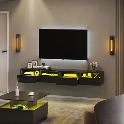 Produktbild von Radelldar Lowboard mit LED-Beleuchtung, TV-Schrank, hängend, grifflose TV-Board, 4 Schubladen mit Acryl,  200 cm, Schwarz
