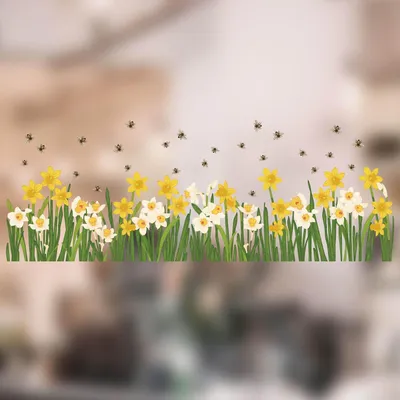 Produktbild von Fensteraufkleber für Glas mit Narzissenmotiv und 25 Bienen, Fensterbordüre für Schaufensterdekorationen