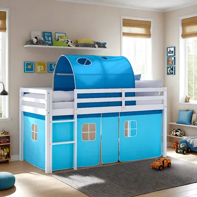 Produktbild von Homestyle4u Hochbett 90x200 Kinder mit Rutsche ohne Lattenrost Weiß Tunnel Vorhang Blau Junge Spielbett mit Rausfallschutz