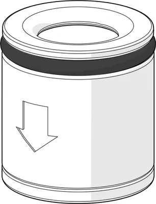 A 3D rendering of a cylindrical valve component with an arrow indicating direction.