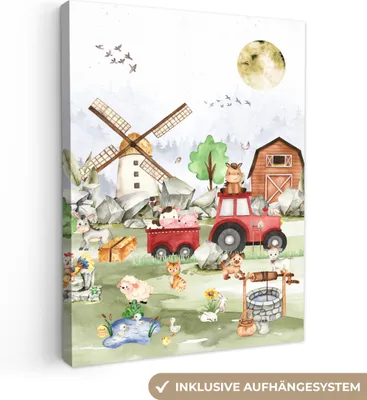 Produktbild von MuchoWow® - Leinwandbilder - Bauernhof - Traktor - Kinder - Tiere, Wandbild, Wanddeko Bilder Wohnzimmer, 60x80 cm