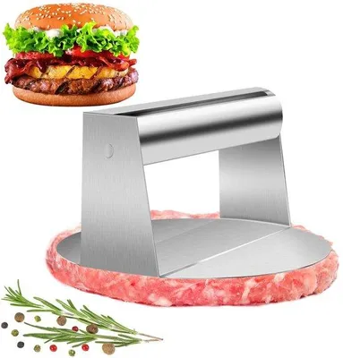 Produktbild von Unyqoos® Edelstahl Hamburgerpresse 14 cm (H 7,5 cm) – lebensmittelechter Edelstahl 304, ergonomischer Griff, spülmaschinenfest, gleichmäßige Burger & Patties