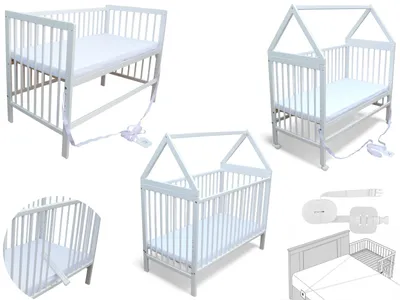 Produktbild von Kinderbett - Beistellbett - Babybett Haus 120x60cm mit Matratze Gurt und Rädern weiß