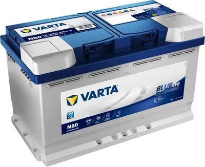 A Varta N80 car battery is shown against a white background.