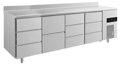 Produktbild von Gastro Kühltisch | Edelstahl | 11 Schubladen | Aufkantung | 2330 x 700 x 850 mm | -2 / +8 °C | 632 Liter