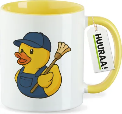 Produktbild von Huuraa Kaffeetasse Quietscheente Hausmeister Comic Gummiente 330ml Gelb Keramik Kaffeebecher Geschenkidee