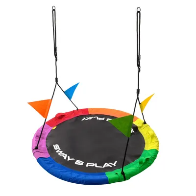 A colorful nest swing hanging from two ropes against a white background.