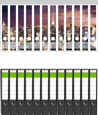 Produktbild von Wallario 12 Stück schmale Ordner inkl. Klebeetiketten mit Motive New York bei Nacht - Panoramablick über die Stadt -  Set mit Rückenschildern / Ordnerrücken Stickern