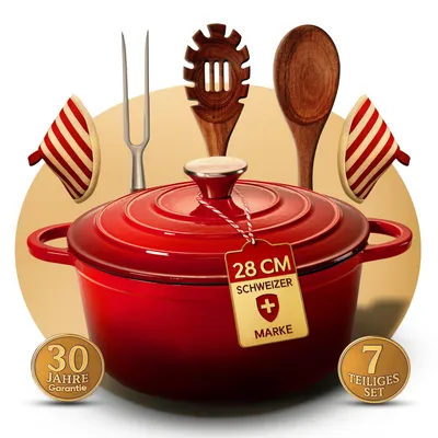 Produktbild von Gusseisen Bräter 28 cm – Dutch Oven & Emaille Schmortopf mit Deckel – Gusseisen-Topf und Emaille Topf für Induktion – Cocotte / Bräter & Schmortöpfe