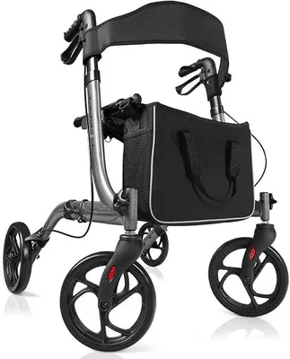 Produktbild von 2 in 1 Rollstuhl Rollator, faltbar & leicht Reiserollator Aluminium höhenverstellbar, Gehhilfe mit abnehmbarem Aufbewahrungsbeutel, Laufhilfe für Senioren und Erwachsene (Grau)