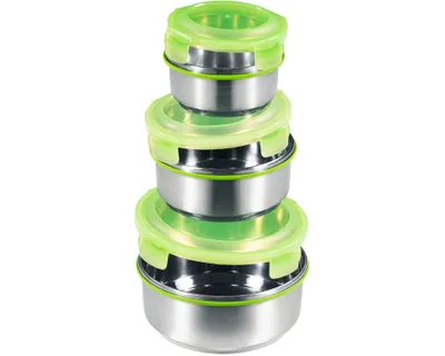 Produktbild von 3tlg. KING® Vorratsdosen-Set KLICKBOX  luftdichte Behälter in den Größen Ø16cm, Ø13cm, Ø10.5cm / aus Edelstahl mit innovativem und luftdichten Klickverschluß / Füllmengen ca. 350ml, 650ml, 1200ml / Farbe: Edelstahl / Deckel: Grün