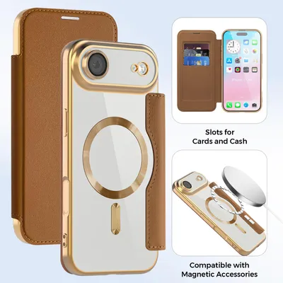 Produktbild von Klapphülle für iPhone Air Kompatibel mit Magsafe, Klar Überzug Kartenhalter Ledertasche mit Kameraschutz Braun