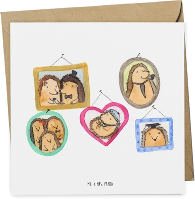 Produktbild von Mr. & Mrs. Panda Grußkarte Igel Familie - Weiß - Geschenk, faltkarte, Mama, Bilder, doppelkarte, Klappkarte, anlasskarte, Muttertag, Glückwunschkarte