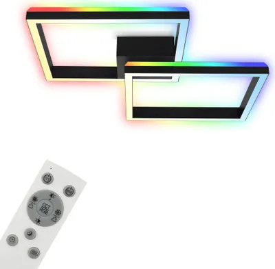 A modern geometric ceiling light with RGB lighting and a remote control.