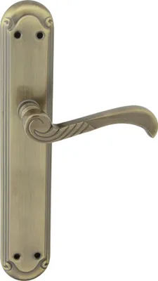 A close-up studio shot of a bronze-colored door handle with a long backplate, isolated on a white background.
