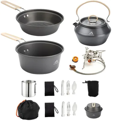 Produktbild von Camping-Kochgeschirr-Set 17-teilig mit Kocher, 1,7 L Topf, 1,15 L Wasserkocher, 19 cm Pfanne, 2 Edelstahlbecher, Essbesteck, Tragetasche