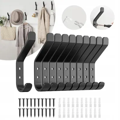 Image de Crochets muraux - Crochets pour porte et mur - Lot de 10 - Alliage d'aluminium - Polyvalents - Pour serviettes, sacs à dos et chapeaux - Noir
