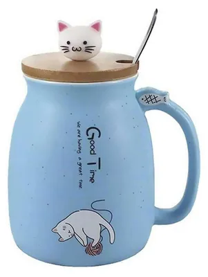 Produktbild von Katzen-Tasse Keramik Kaffeebecher mit Deckel und Löffel 450ml Blau