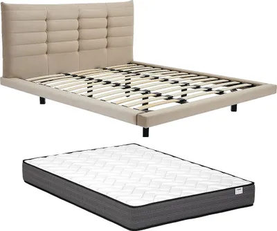 Produktbild von Bett 140 x 190 cm mit gestepptem Kopfteil - Velours - Beige + Matratze - NISATIO