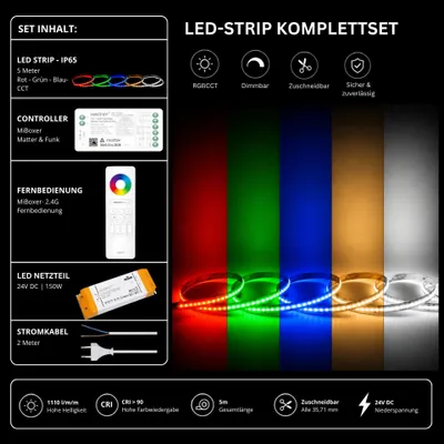 Produktbild von LED Streifen Set RGBCCT IP65 – COB LED Streifen 24V, 21 W/m, 5m, punktfrei – SS150 Netzteil, SM5 Matter Controller  und  C5 Fernbedienung Weiß