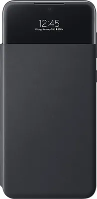 A black smartphone case with a flip cover is shown.