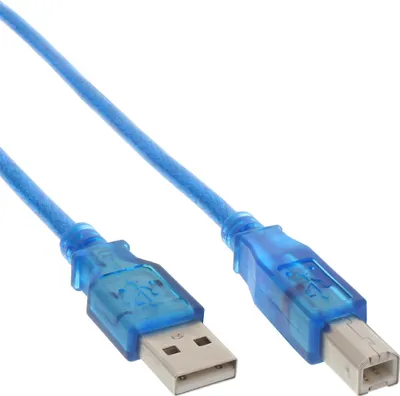 Produktbild von InLine USB 2.0 Kabel, A an B, blau-transparent, 3m, 3 m, USB A, USB B, Stecker/Stecker, 0,48 Gbit/s, Blau